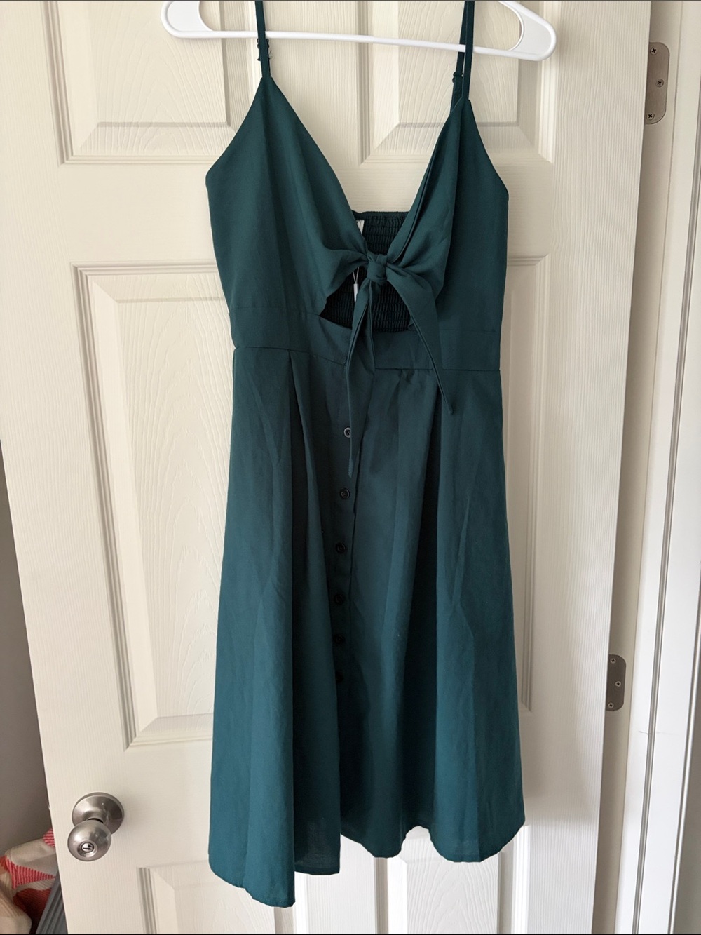 Spaghetti-Strap Midi Dress with Front Tie in Teal